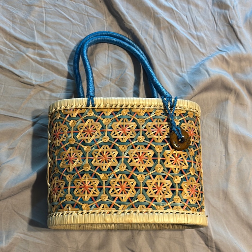 The Sak Blue and Tan Tote Bag with Intricate Patterns